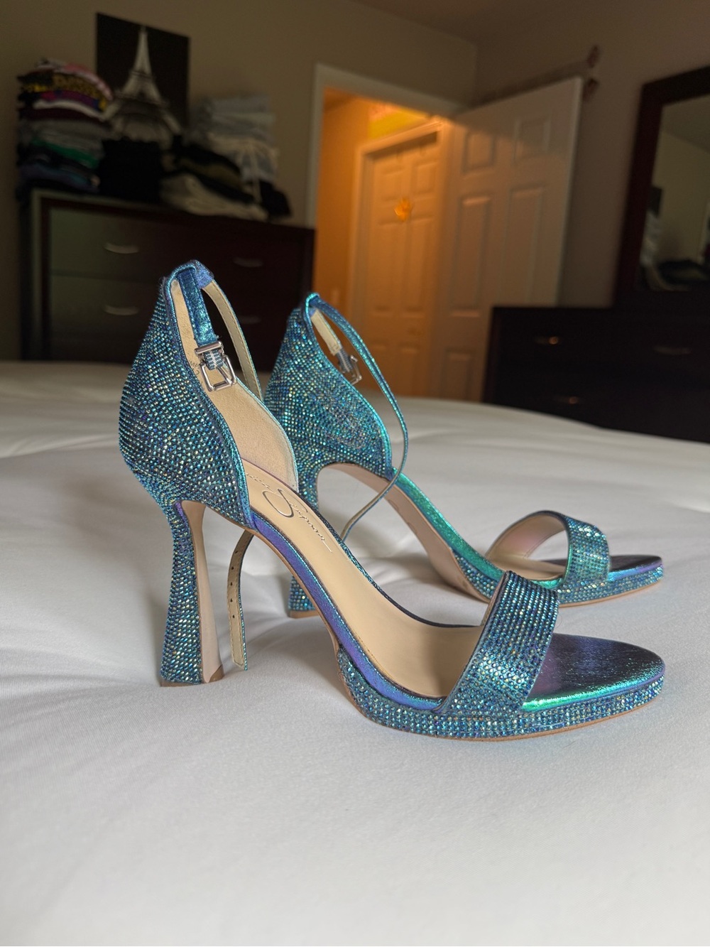 Jessica Simpson Iridescent Teal Crystal Ankle-Strap Heels
